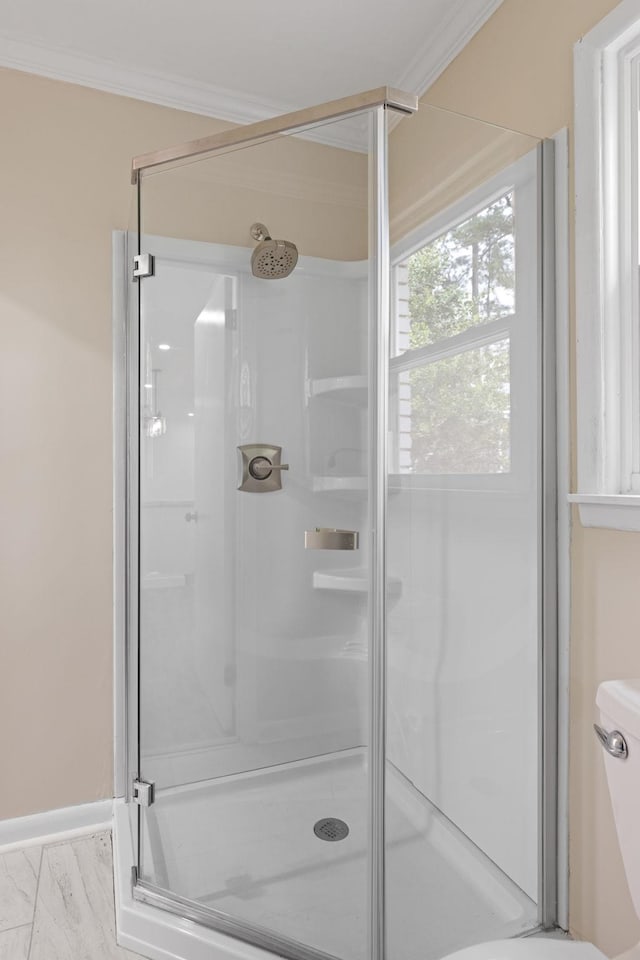 full bathroom with baseboards, ornamental molding, marble finish floor, and a shower stall