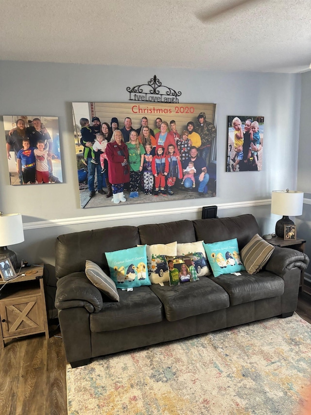 living room with hardwood / wood-style floors and a textured ceiling