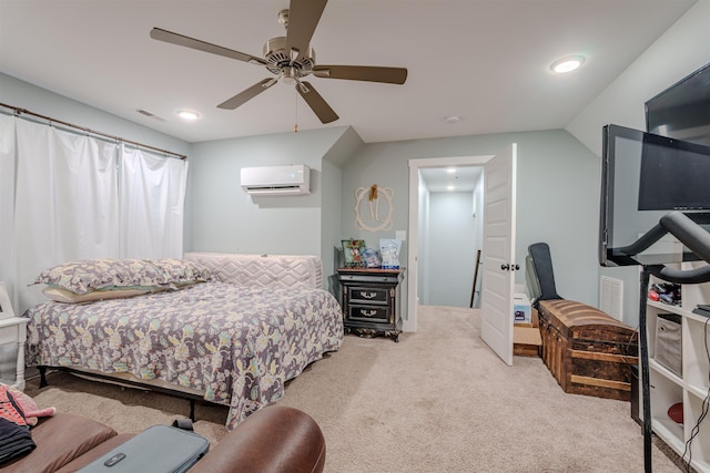 bedroom featuring recessed lighting, light colored carpet, a ceiling fan, and a wall mounted AC