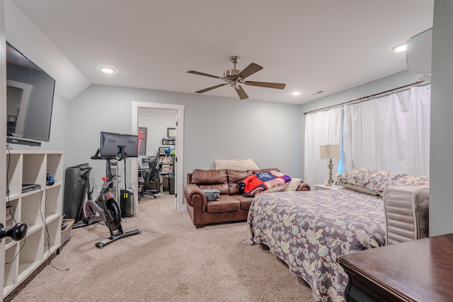 bedroom with light carpet, visible vents, a ceiling fan, and recessed lighting