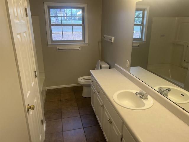 full bathroom featuring tile patterned flooring, shower / bathing tub combination, vanity, and toilet