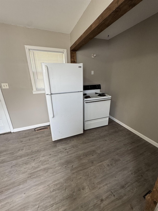  - kitchen with white appliances, baseboards, and dark wood-style flooring