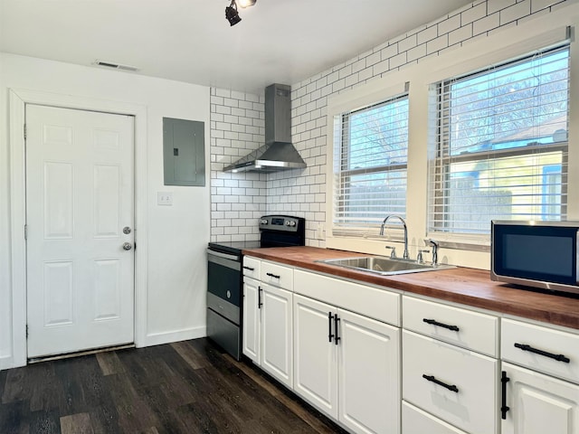 kitchen with appliances with stainless steel finishes, electric panel, butcher block countertops, sink, and wall chimney range hood