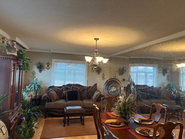 dining space featuring lofted ceiling, an inviting chandelier, ornamental molding, a textured ceiling, and wood-type flooring