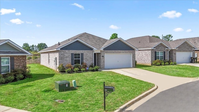  - view of front of house featuring driveway, a garage, a front yard, and brick siding