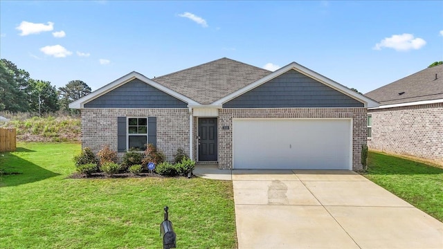 - single story home with brick siding, a garage, a front lawn, and concrete driveway