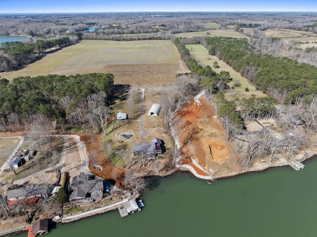 bird's eye view featuring a rural view and a water view