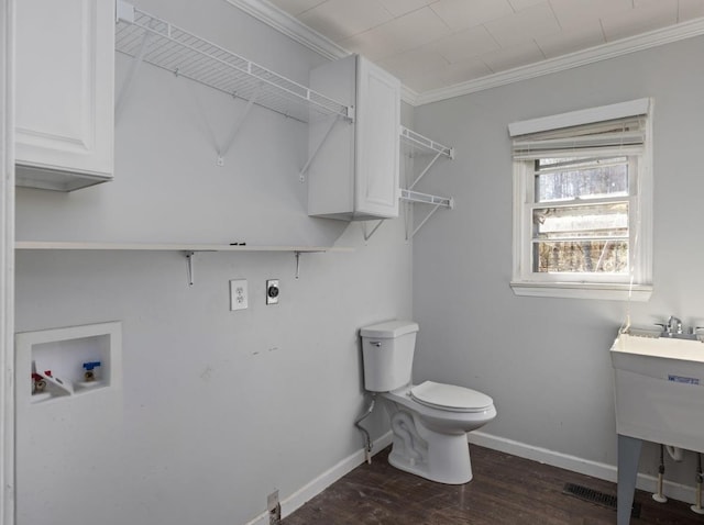 laundry area with washer hookup, ornamental molding, baseboards, and electric dryer hookup