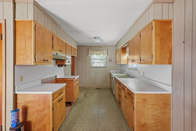 kitchen featuring a textured ceiling, stainless steel dishwasher, wood walls, and sink