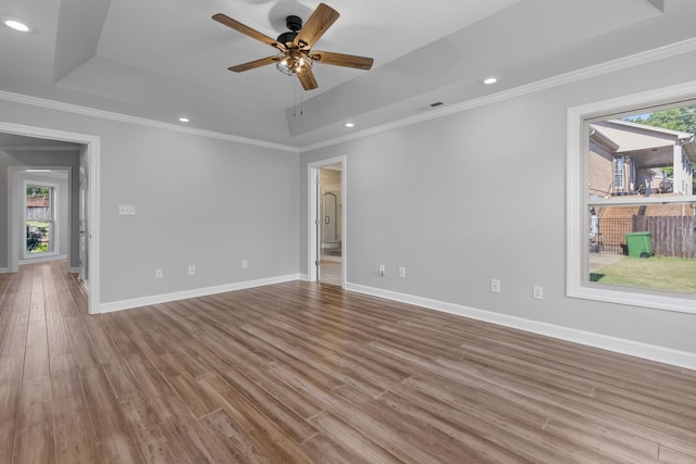 unfurnished room with a raised ceiling, a wealth of natural light, and crown molding