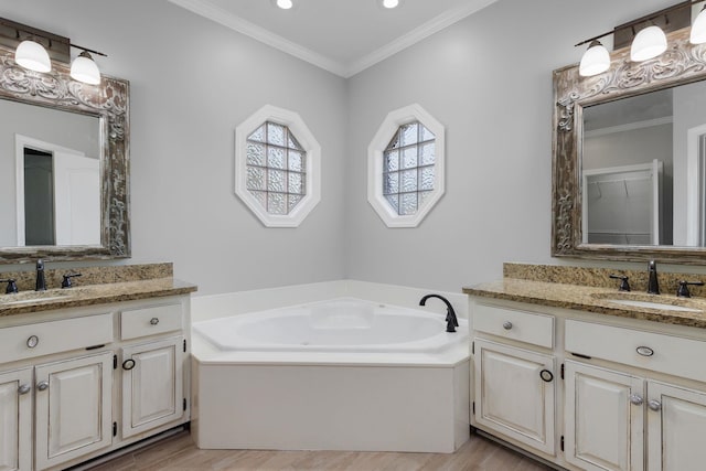 bathroom featuring a bathing tub, hardwood / wood-style floors, vanity, and ornamental molding