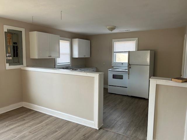 kitchen with white cabinets, white appliances, electric panel, kitchen peninsula, and light wood-type flooring