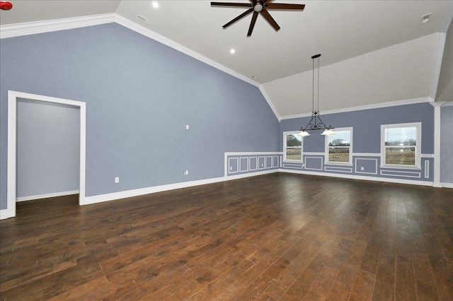 unfurnished living room with dark hardwood / wood-style flooring, lofted ceiling, and crown molding