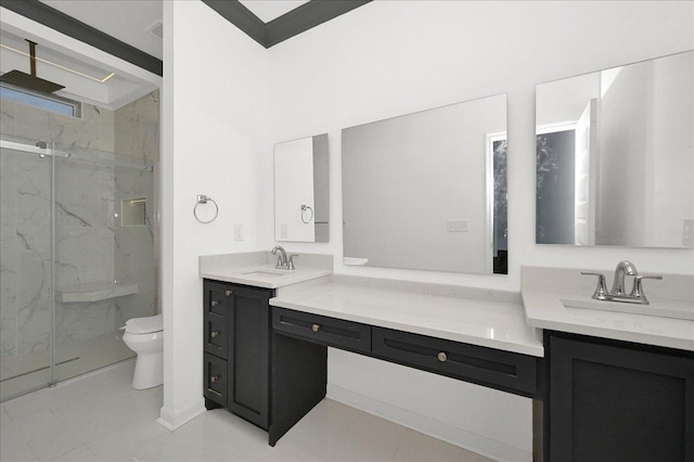 bathroom featuring vanity, toilet, and a shower with shower door