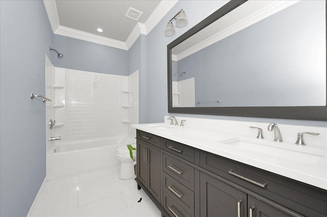 full bathroom featuring vanity, bathing tub / shower combination, tile patterned floors, toilet, and ornamental molding