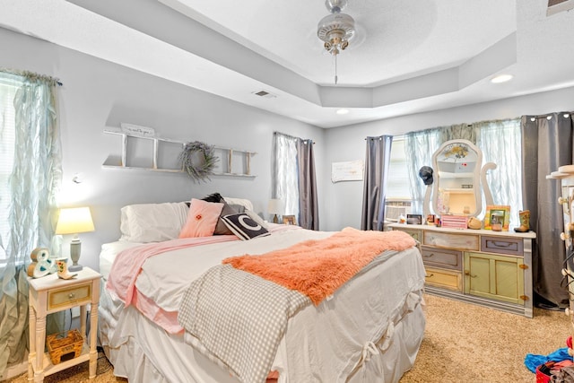  - bedroom featuring multiple windows, light colored carpet, recessed lighting, and ceiling fan