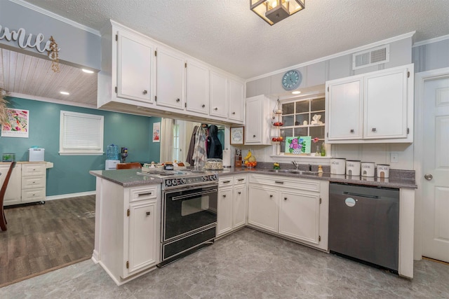  - kitchen with dishwashing machine, electric range, a sink, ornamental molding, and white cabinets
