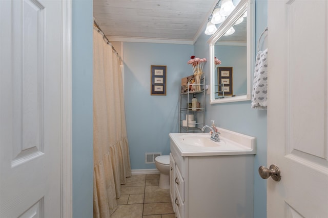  - bathroom with vanity, toilet, tile patterned flooring, crown molding, and curtained shower