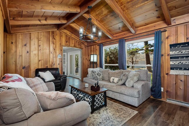 living room with wooden ceiling, an inviting chandelier, dark wood-style flooring, and wood walls