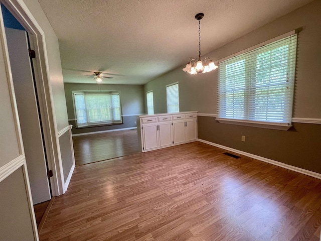  - unfurnished dining area with wood finished floors, a ceiling fan, a chandelier, and a textured ceiling