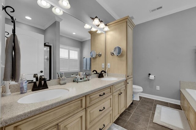  - bathroom with ornamental molding, double vanity, tile patterned floors, tiled tub, and a shower with shower door