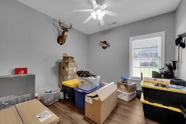  - office space with a ceiling fan and wood finished floors