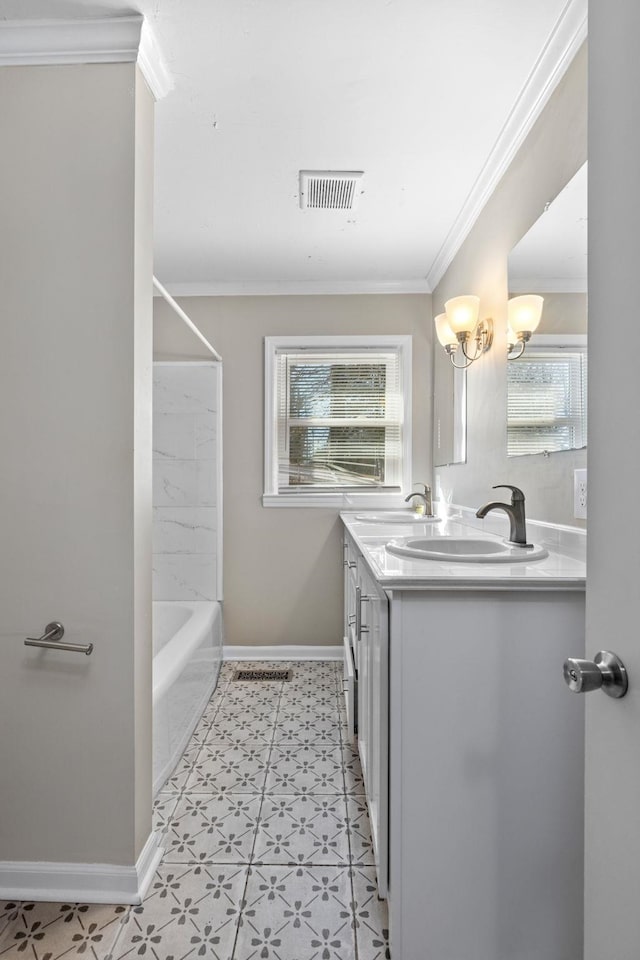 full bathroom with double vanity, baseboards, visible vents, crown molding, and a sink