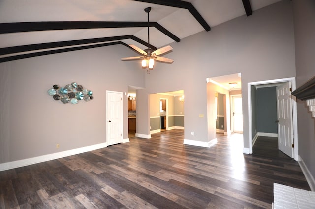 unfurnished living room with beamed ceiling, ceiling fan, dark hardwood / wood-style floors, and high vaulted ceiling