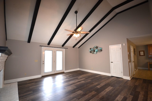 unfurnished living room featuring beamed ceiling, ceiling fan, dark hardwood / wood-style floors, and high vaulted ceiling