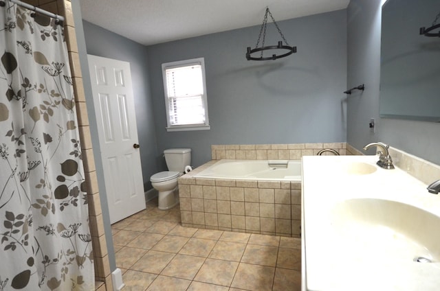 full bathroom featuring tile patterned floors, toilet, vanity, and plus walk in shower