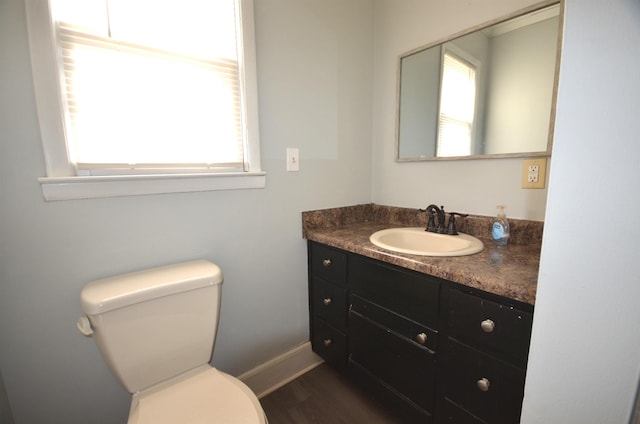 bathroom with vanity, toilet, and wood-type flooring