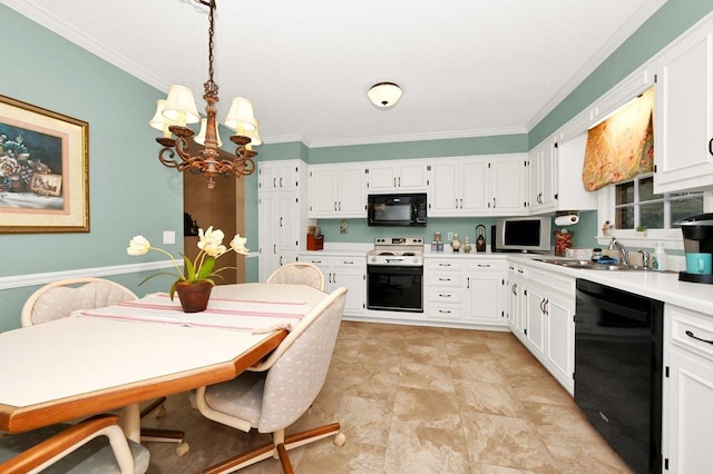 kitchen featuring black appliances, white cabinets, hanging light fixtures, ornamental molding, and a chandelier