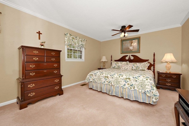 bedroom featuring ceiling fan, light carpet, and ornamental molding