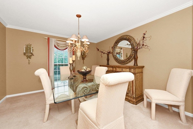 dining room featuring light colored carpet, an inviting chandelier, and ornamental molding