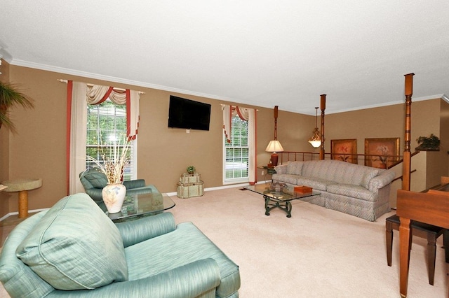 carpeted living room with crown molding