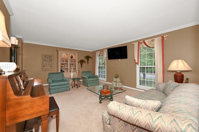 living room featuring carpet floors and crown molding