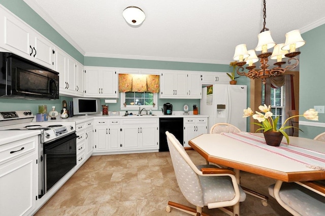 kitchen featuring sink, black appliances, an inviting chandelier, white cabinets, and hanging light fixtures