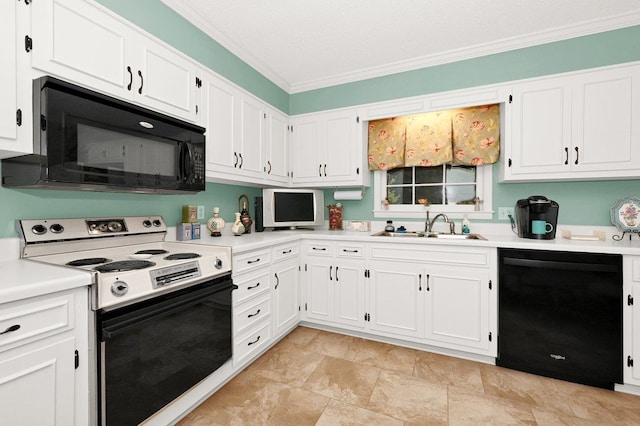 kitchen featuring white cabinets, sink, crown molding, and black appliances