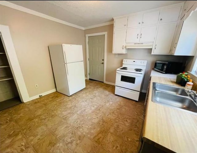 kitchen featuring white cabinets, white appliances, ornamental molding, and sink