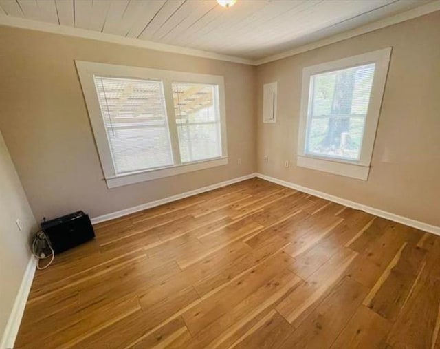 empty room with hardwood / wood-style flooring and crown molding