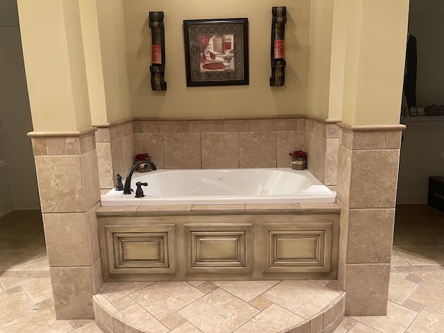 bathroom with tile walls and a tub to relax in