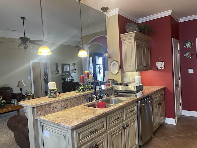 kitchen featuring sink, crown molding, dark tile patterned floors, hanging light fixtures, and stainless steel dishwasher