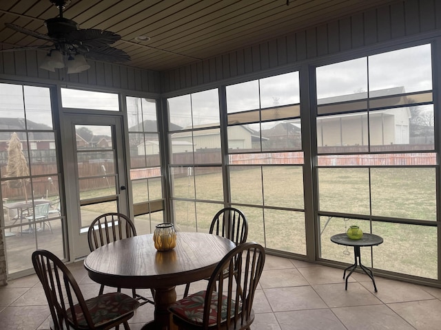 sunroom / solarium featuring wooden ceiling and ceiling fan