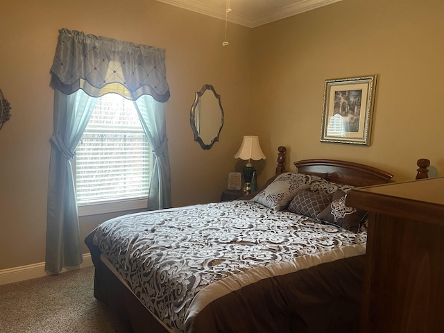 carpeted bedroom featuring ornamental molding