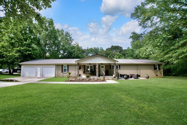 - ranch-style house with a front lawn, driveway, ceiling fan, a metal roof, and an attached garage