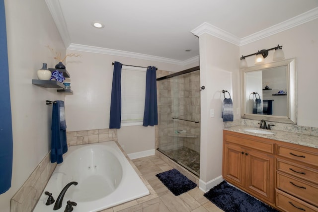  - bathroom with a jetted tub, a shower stall, vanity, and ornamental molding