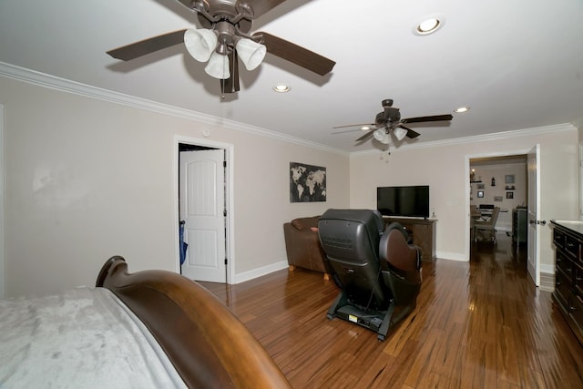  - bedroom featuring wood finished floors, crown molding, recessed lighting, a ceiling fan, and a desk