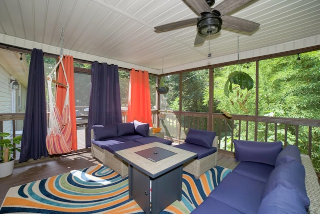  - sunroom / solarium featuring an outdoor hangout area and ceiling fan