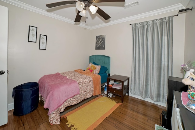  - bedroom with crown molding, hardwood / wood-style floors, and ceiling fan
