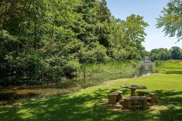 view of yard featuring a water view and a forest view